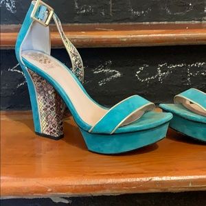 Suede teal and gold heeled sandals
